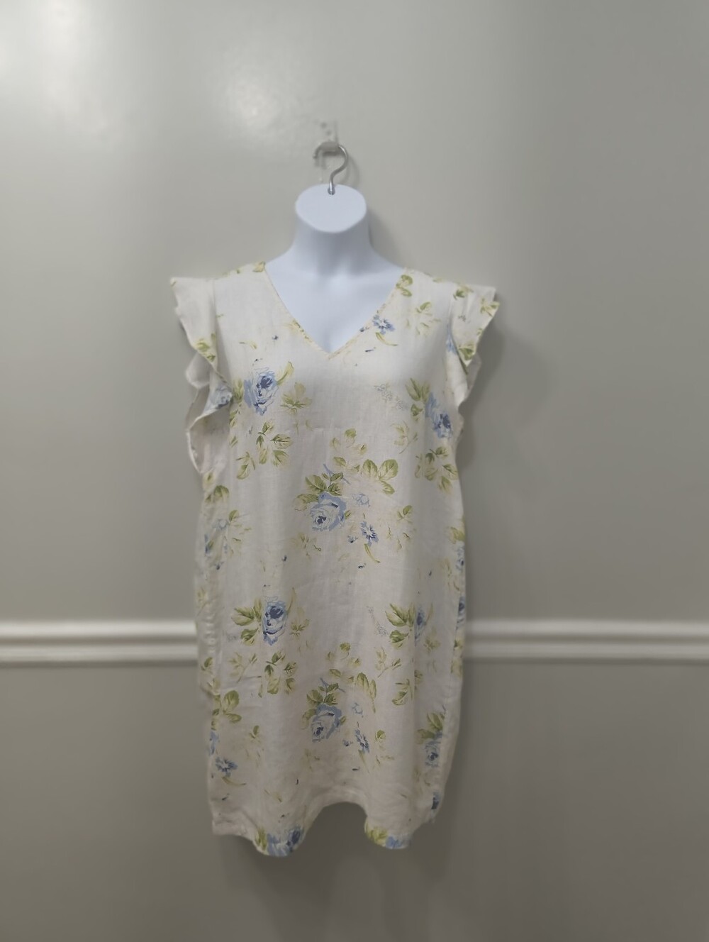 Laura Ashley XL Shift Dress Linen White Blue Green Floral Cap Sleeve Summer Work